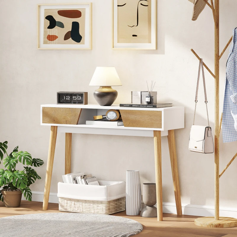 HOMCOM Mesa de Consola Estreita Consola de Entrada Moderna com 2 Gavetas Compartimento e Pés de Madeira 100x30x75 cm Branco