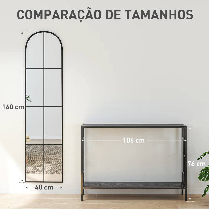 HOMCOM Espelho de Pé ou Apoiado na Parede Espelho com Forma de Janela e Moldura de Metal para Dormitório Entrada Sala 40x160 cm Preto