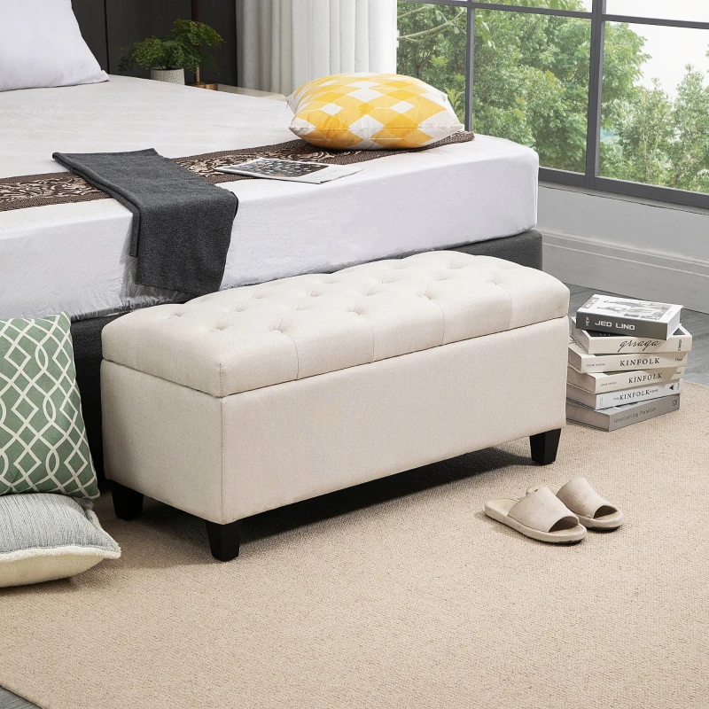 HOMCOM Banc de rangement pouf salon bout de lit coffre de rangement pour salon, chambre, entrée, 100 x 40 x 44 cm, blanc