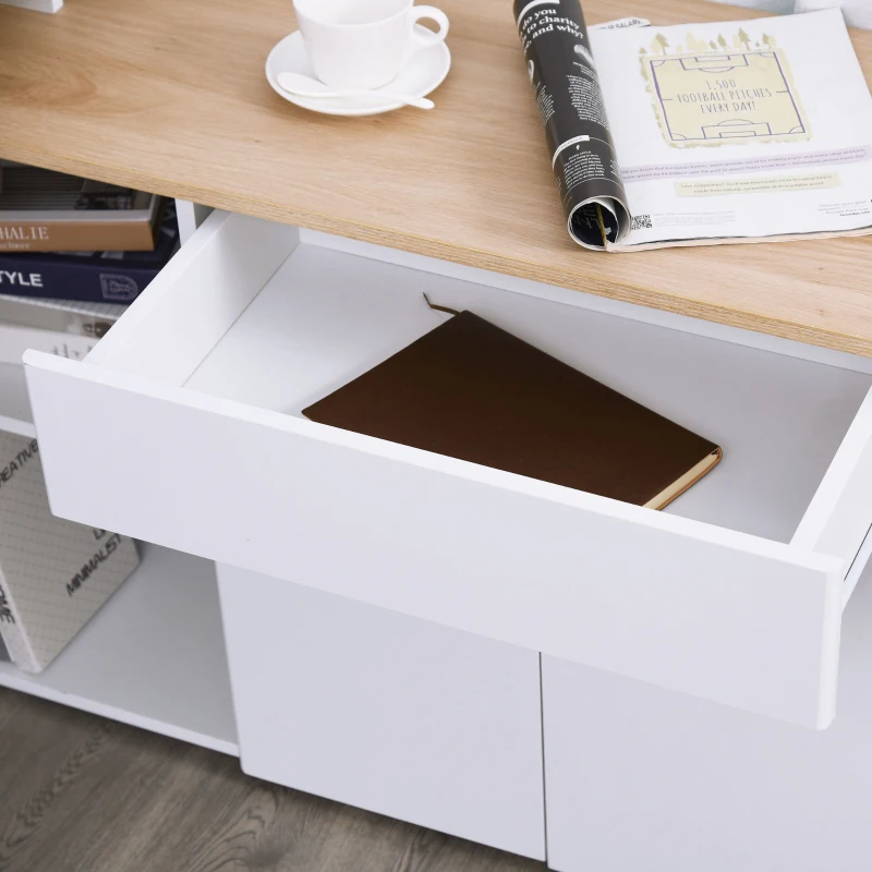 HOMCOM Birou cu Blat Extensibil pentru PC și Bibliotecă, 140x117x76 cm, Alb(m-7)