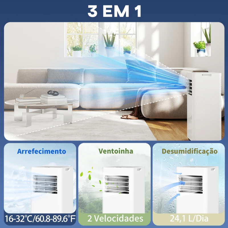 HOMCOM Ar Condicionado Portátil 3 em 1 9000 BTU 24,1 L/Dia com Controlo Remoto e Ecrã LED Temporizador 24h 30x29x69 cm Branco