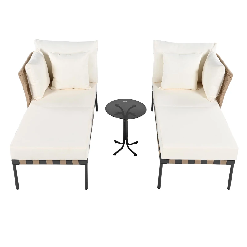 Canapé de jardin, Fauteuil de jardin amovible et modulaire, Table basse en verre trempé, Blanc+Marron