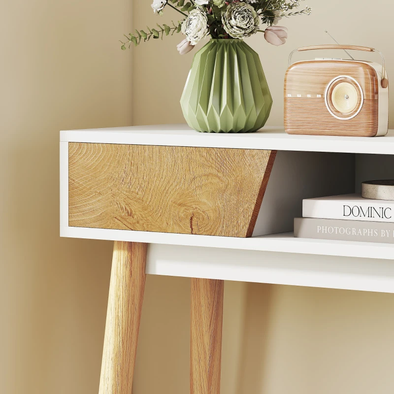 HOMCOM Mesa de Consola Estreita Consola de Entrada Moderna com 2 Gavetas Compartimento e Pés de Madeira 100x30x75 cm Branco