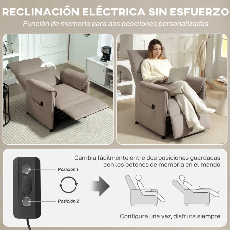 HOMCOM Sillón Reclinable con Motor sin Escobillas Reposapiés Tapizado Resistente y Bolsillos Laterales 80x83x104 cm Marrón