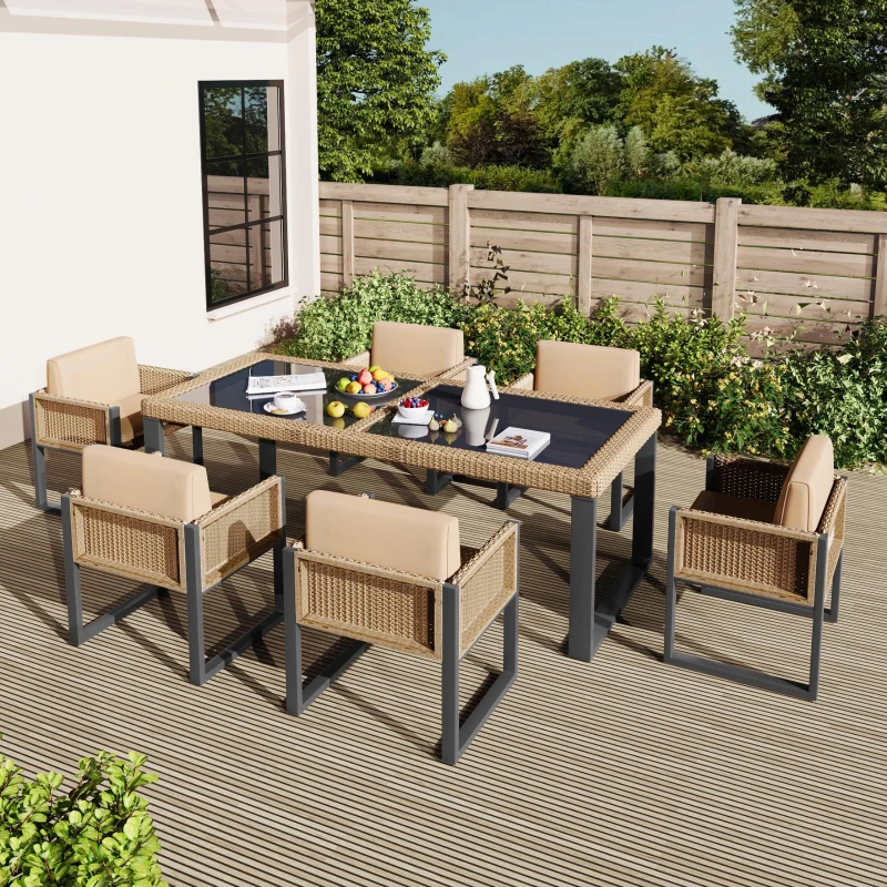 Rattan-Tisch- und Stuhlset, 1 Tisch, 6 Stühle, Tischplatte aus gehärtetem Glas, Braun+Schwarz