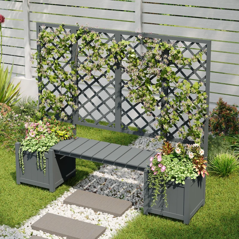 Pflanzkübel mit Spalier und Sitz für Garten, Hof, Terrasse, für Kletterpflanzen, 169 x 42 x 145 cm, Grau
