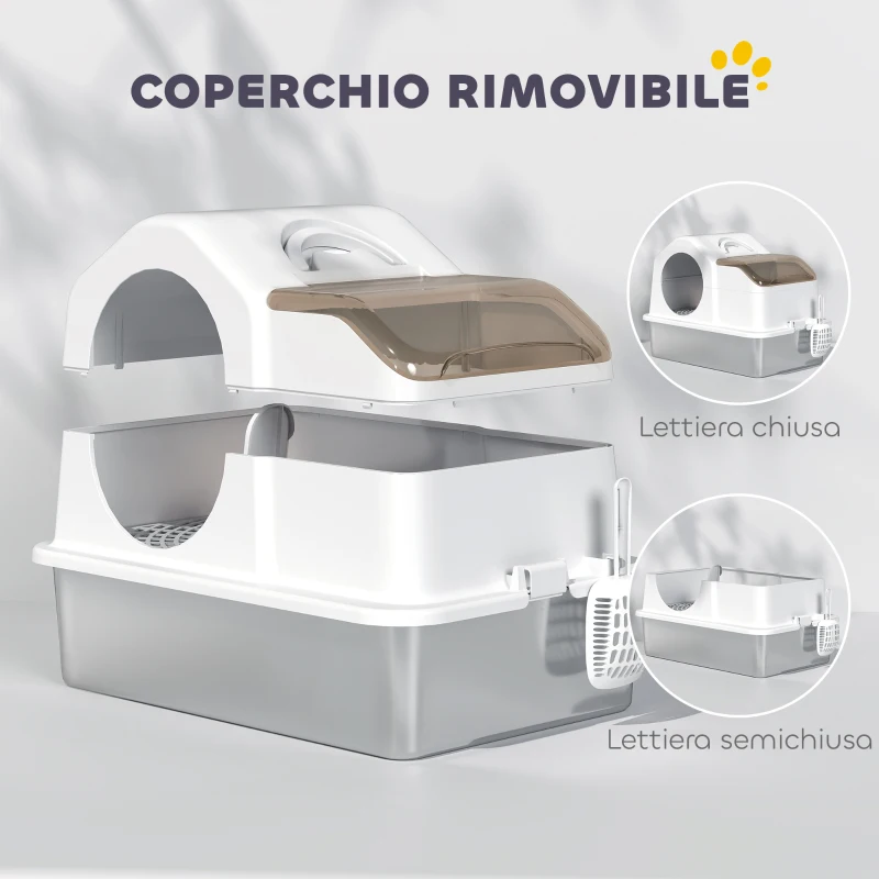 PawHut Lettiera per Gatti Chiusa con Tappetino Raccogli-sabbia, in Acciaio Inox, ABS e PP, 60.5x40.5x42 cm, Bianca e Argento
