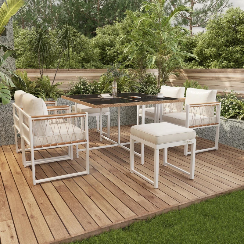 Set da pranzo da esterno a 7 pezzi con tavolo in vetro temperato, intreccio in rattan, cuscini, per 6 persone, Nero e Bianco