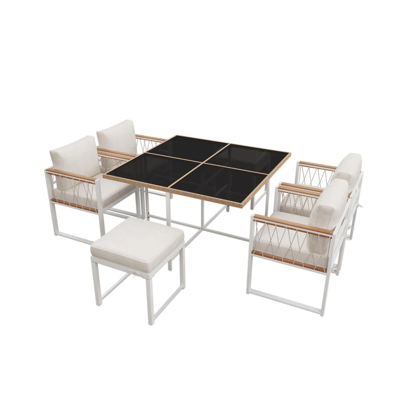 Set da pranzo da esterno a 7 pezzi con tavolo in vetro temperato, intreccio in rattan, cuscini, per 6 persone, Nero e Bianco