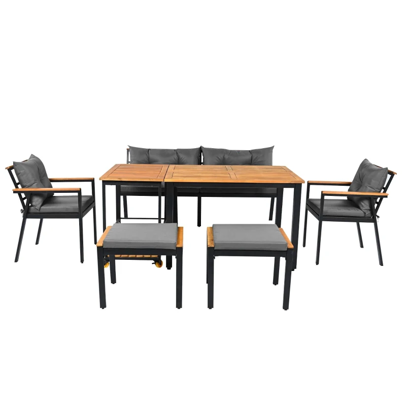 Ensemble de table et chaises d'extérieur, avec 2 chaises, 2 tabourets, 1 canapé deux places, 1 table et 1 chariot de service polyvalent, Noir+Gris