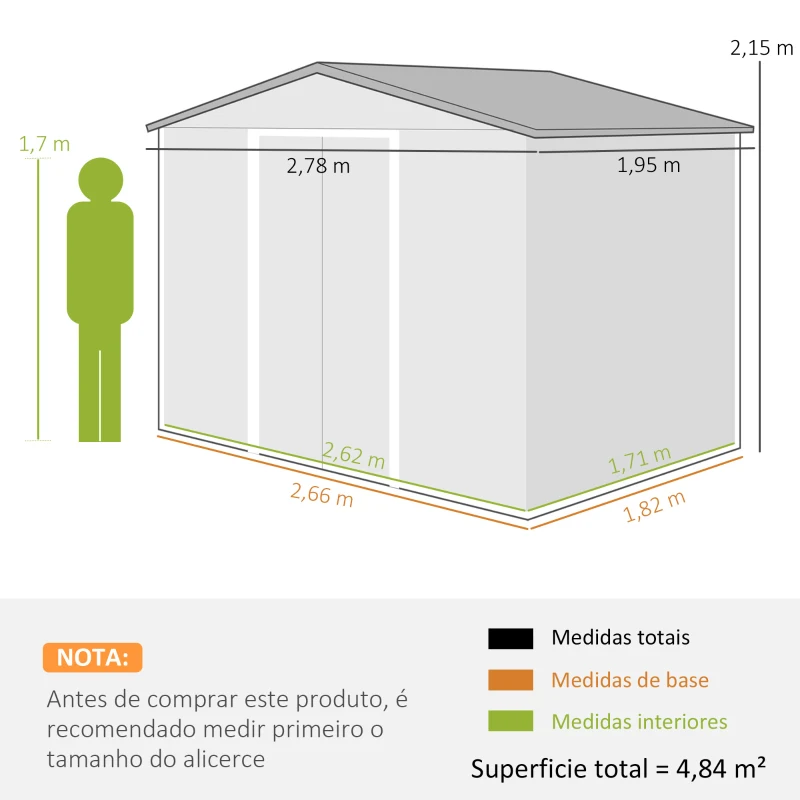 Outsunny Abrigo de Jardim 4,84 m² 278x195x215 cm Abrigo de Jardim com 2 Portas de Correr e 4 Janelas de Ventilação Madeira e Marrom