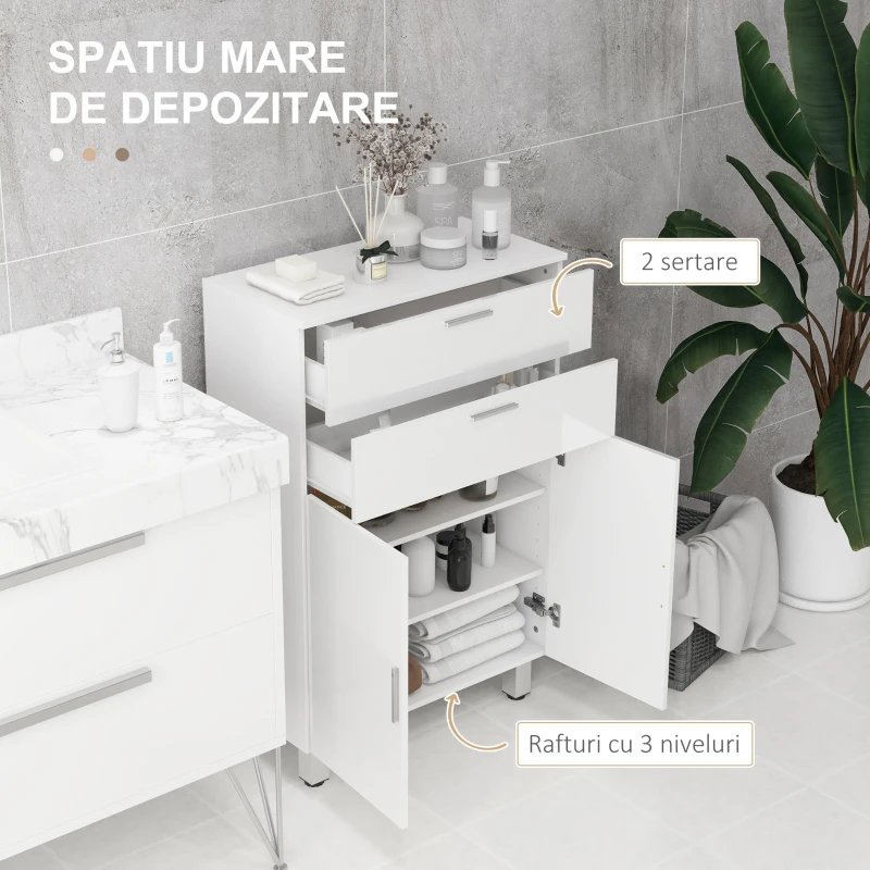 kleankin Dulap pentru Baie cu 2 Sertare și Rafturi Ajustabile, 60x30x93 cm, Alb