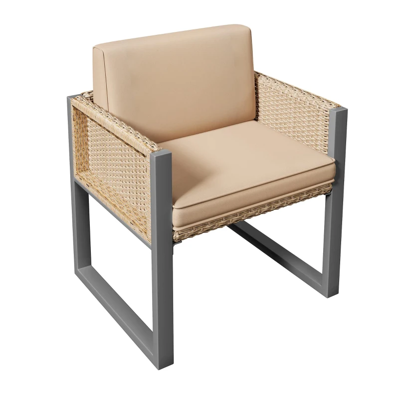 Rattan-Tisch- und Stuhlset, 1 Tisch, 6 Stühle, Tischplatte aus gehärtetem Glas, Braun+Schwarz