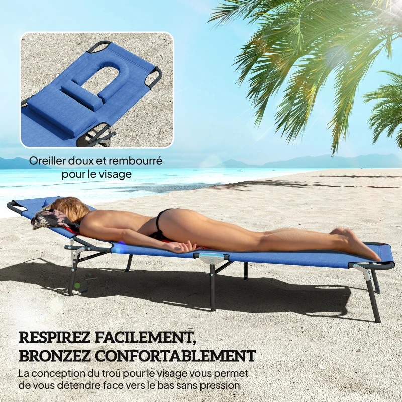 Outsunny Bain de Soleil Pliable transat inclinable 4 Positions Chaise Longue 3 Coussins fournis Bleu