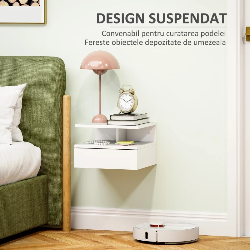 HOMCOM Noptieră Suspendată cu Sertar și Raft Superior din Lemn, 35x32x22,5 cm, Alb