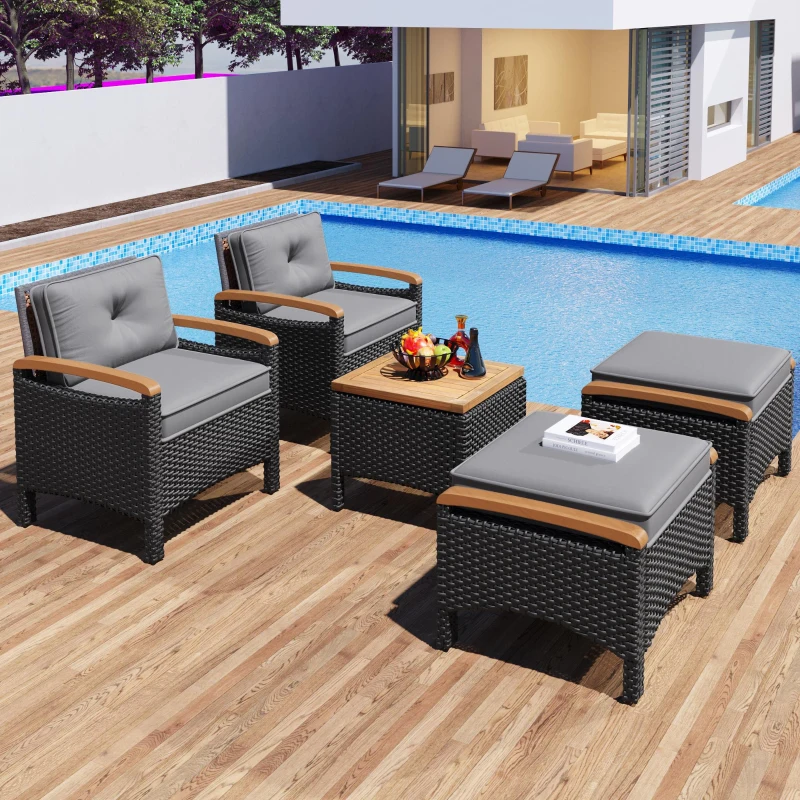 Ensemble de balcon en rotin d'extérieur 5 pièces avec 2 chaises, 2 tabourets et 1 table, Noir+Gris