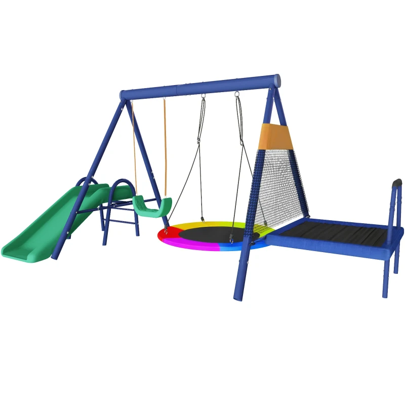 Ensemble de balançoire multifonctionnel pour l'extérieur avec toboggan, trampoline, balançoire nid ronde et balançoire en plastique, Bleu antique