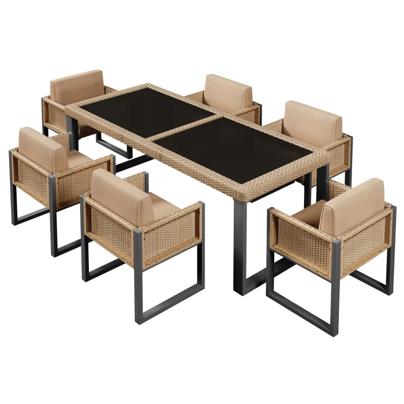 Rattan-Tisch- und Stuhlset, 1 Tisch, 6 Stühle, Tischplatte aus gehärtetem Glas, Braun+Schwarz