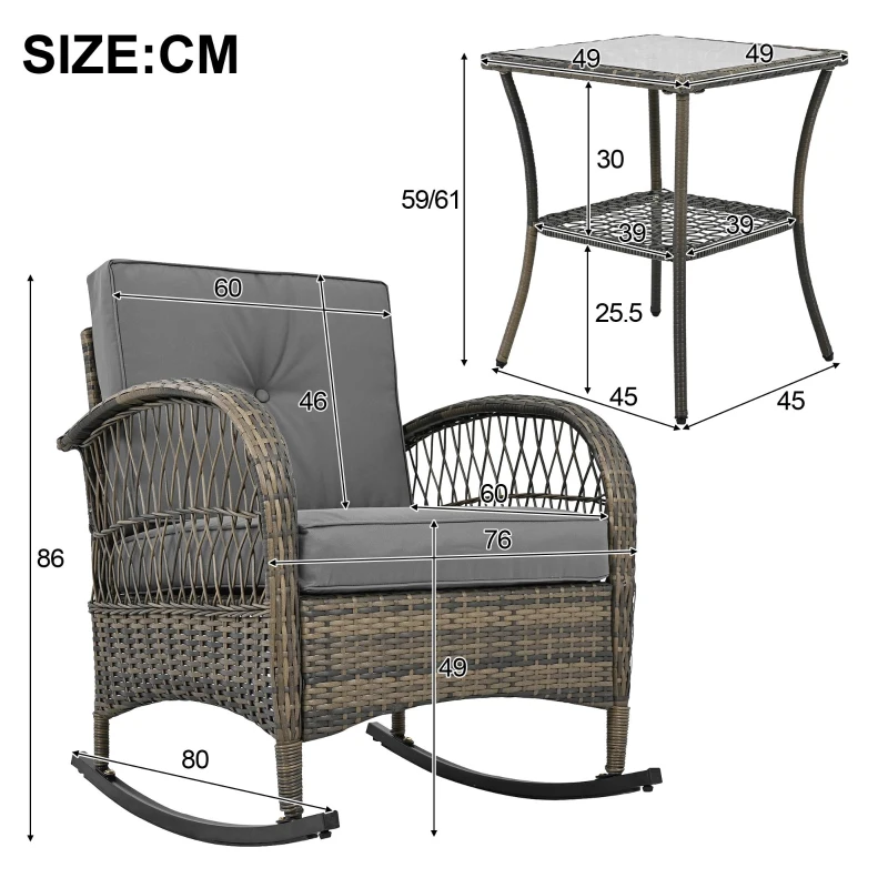 Ensemble de balcon en rotin 3 pièces avec 2 fauteuils à bascule, table en verre trempé, Gris