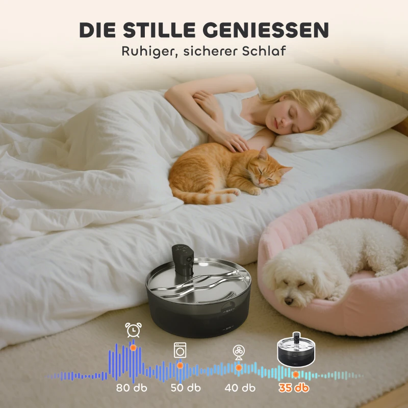 PawHut Katzenbrunnen 7L Trinkbrunnen für Katzen mit leiser Pumpe LED Aktivkohlefilter Edelstahl 30,6 x 30,6 x 17,2 cm