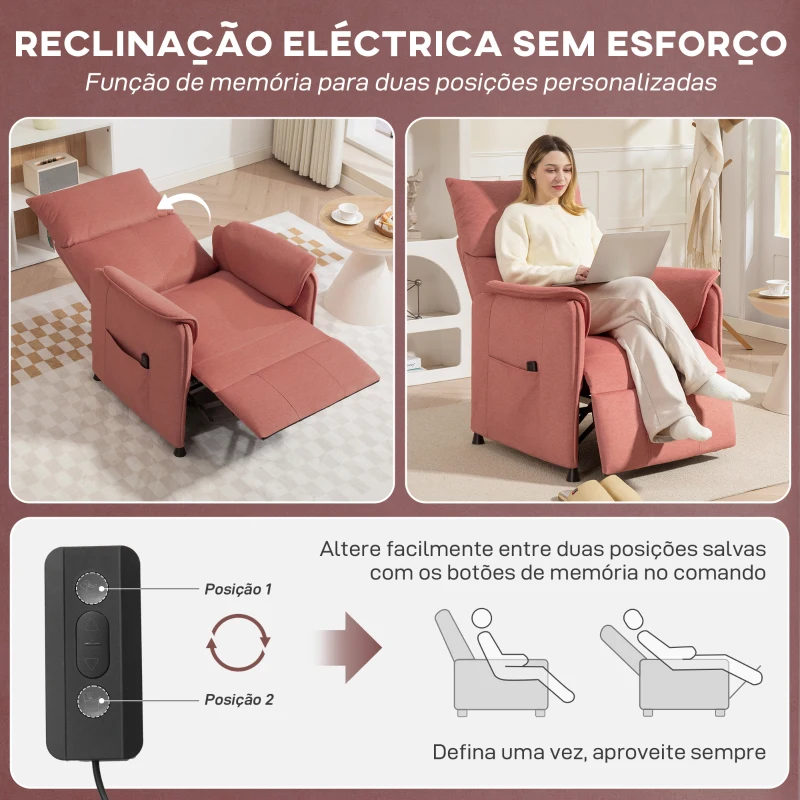 HOMCOM Poltrona Relax Reclinável Elétrica com Função Memória Apoio para Pés Controlo Remoto e Bolsos Laterais 80x83x104 cm Laranja
