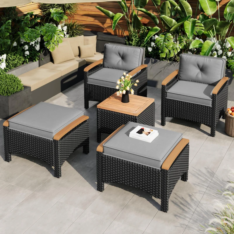 Ensemble de balcon en rotin d'extérieur 5 pièces avec 2 chaises, 2 tabourets et 1 table, Noir+Gris