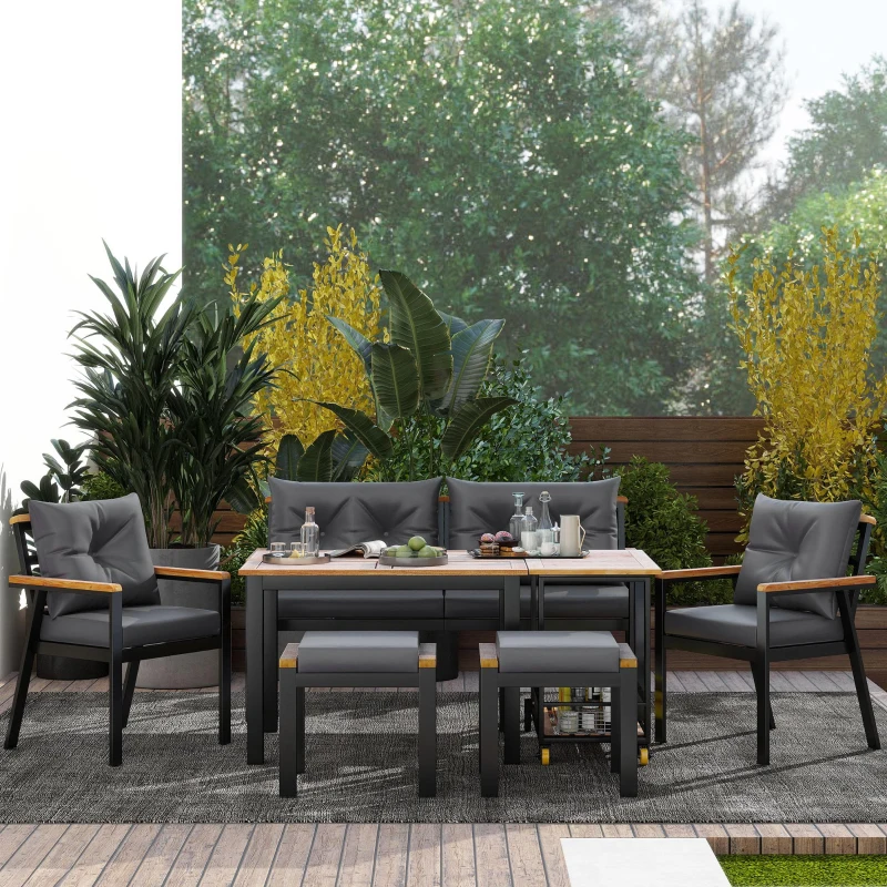 Ensemble de table et chaises d'extérieur, avec 2 chaises, 2 tabourets, 1 canapé deux places, 1 table et 1 chariot de service polyvalent, Noir+Gris