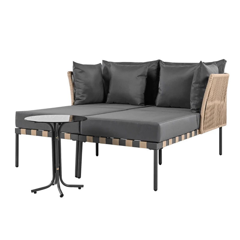 Canapé de jardin, Fauteuil de jardin amovible et modulaire, Table basse en verre trempé,  Gris + Marron