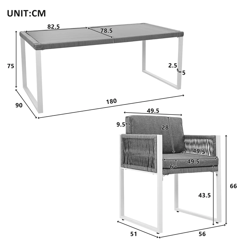 Ensemble table et chaises en rotin, avec 1 table et 6 chaises, plateau en verre trempé, Gris+Blanc