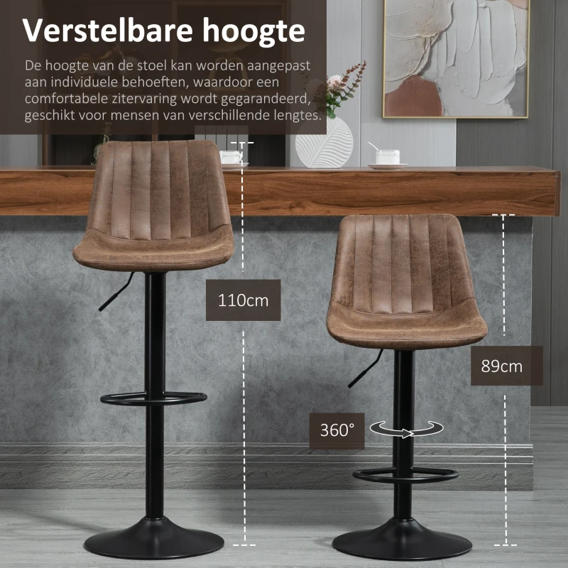 HOMCOM Set van 2 retro barkrukken, inclusief voetsteun, in hoogte verstelbaar, gaslift, bruin+zwart