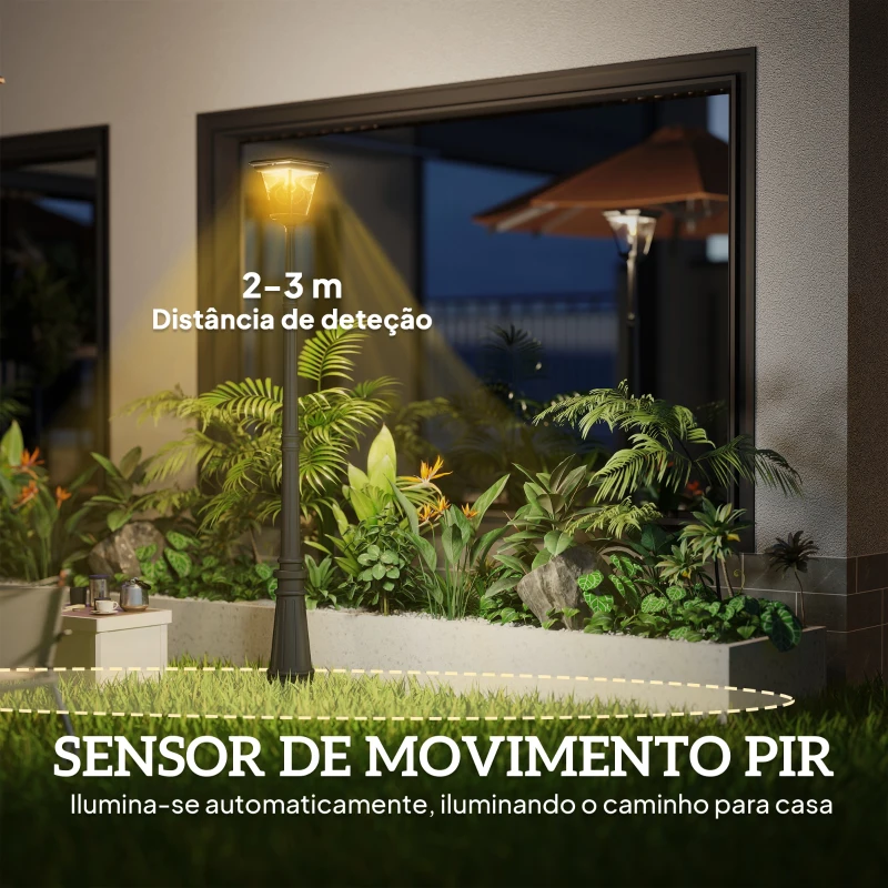 Outsunny Candeeiro Solar de Jardim com Luzes LED Acendimento e Apagamento Automático Sensor de Movimento 26x24x220 cm Preto