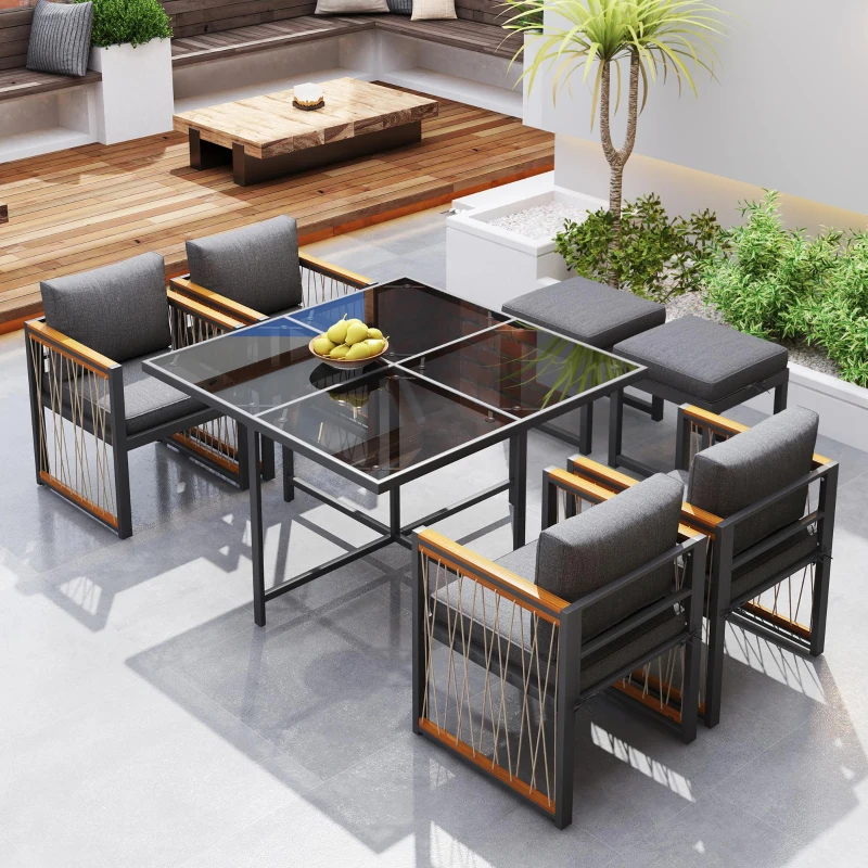 Ensemble de salle à manger extérieur 7 pièces avec plateau en verre trempé, accoudoirs, coussins, pour 6 personnes, Noir+Naturel