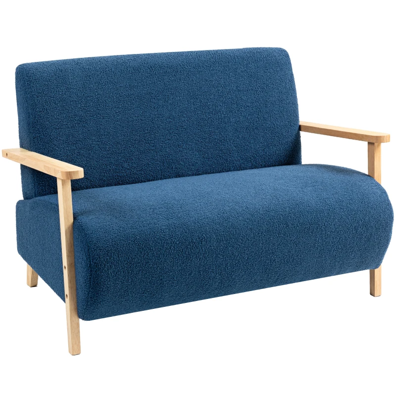 HOMCOM Sofá de 2 Lugares Estofado em Borreguito com Acolchoado Espesso Apoios de Braço e Pés de Madeira 118x76x78 cm Azul
