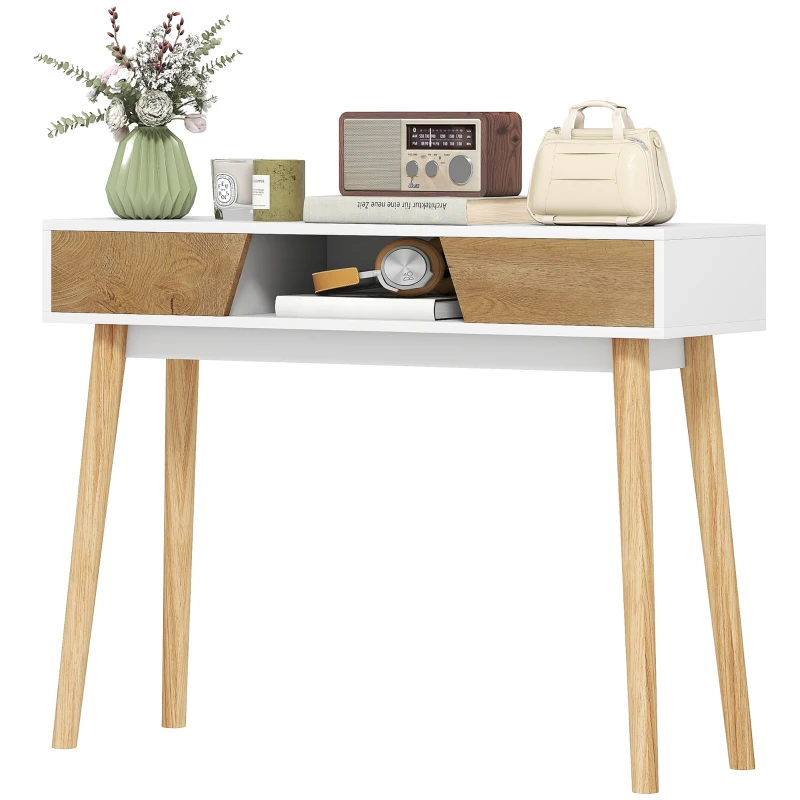 HOMCOM Mesa de Consola Estreita Consola de Entrada Moderna com 2 Gavetas Compartimento e Pés de Madeira 100x30x75 cm Branco
