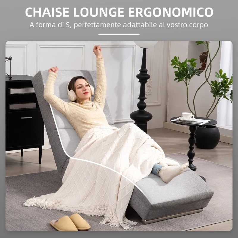 HOMCOM Chaise Longue Reclinabile con Schienale Alto, Imbottitura Spessa e Gambe in Metallo, Grigio Chiaro