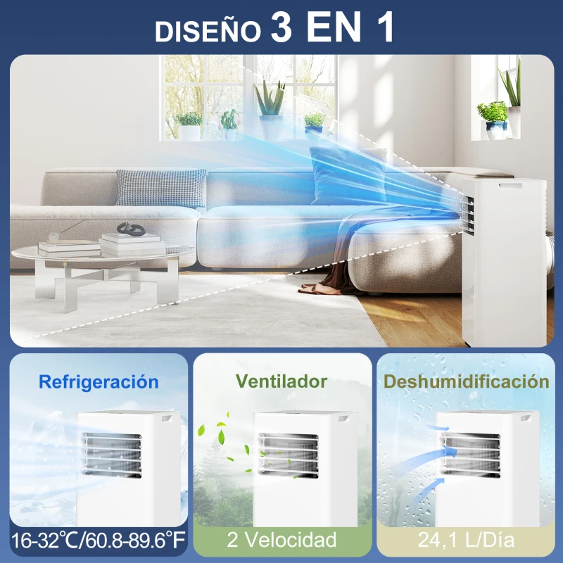 HOMCOM Aire Acondicionado Portátil 3 en 1 con Deshumidificador Ventilador y Kit de Ventana Fácil de Mover 30x29x69 cm Blanco