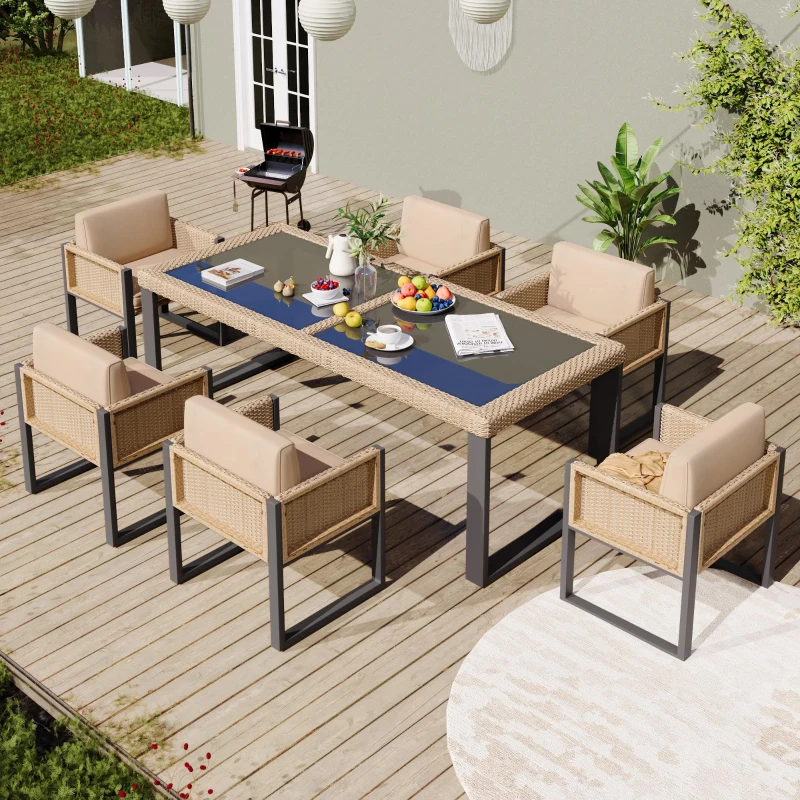 Rattan-Tisch- und Stuhlset, 1 Tisch, 6 Stühle, Tischplatte aus gehärtetem Glas, Braun+Schwarz