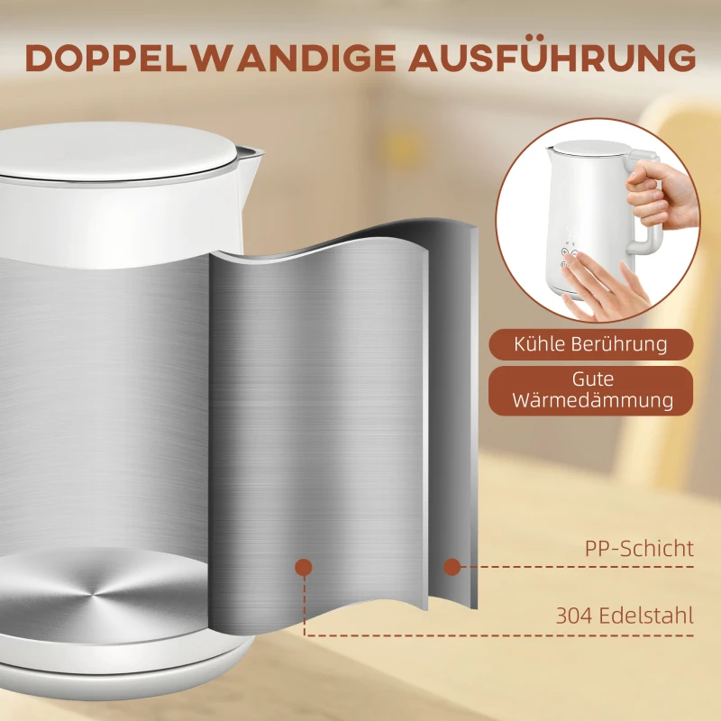 HOMCOM Küchenset mit Wasserkocher und Toaster, 7 Bräunungsstufen, schnelles Kochen, Edelstahl, Kunststoff, Weiß