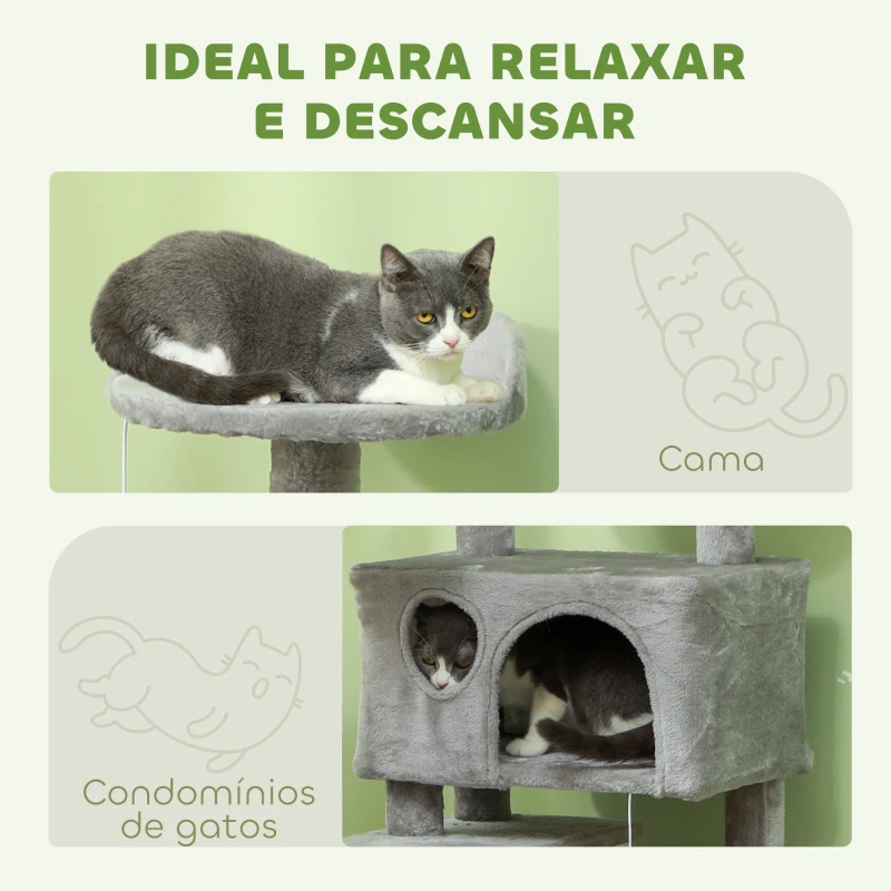 PawHut Arranhador para Gatos com Postes de Sisal Plataformas Cavernas Bolas Pendentes e Redes 49x49x138 cm Cinza Claro