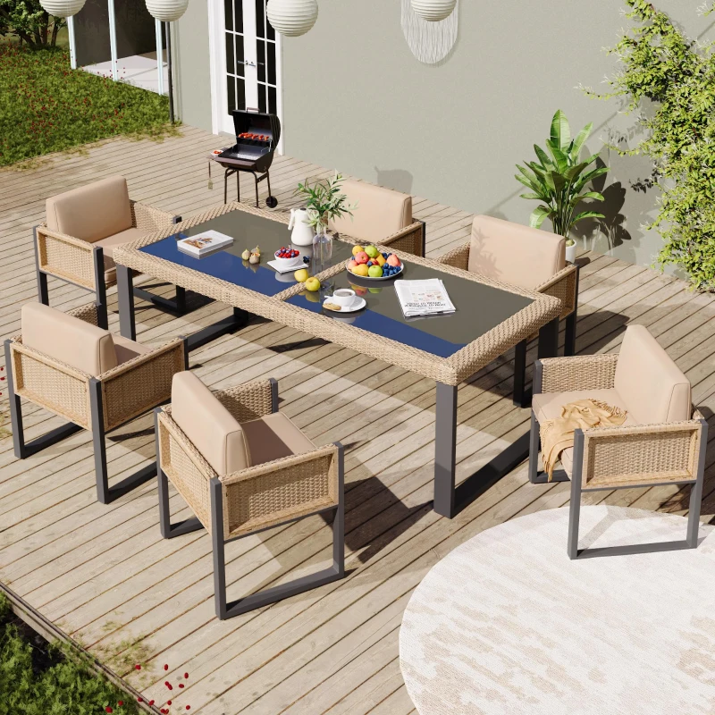 Rattan-Tisch- und Stuhlset, 1 Tisch, 6 Stühle, Tischplatte aus gehärtetem Glas, Braun+Schwarz