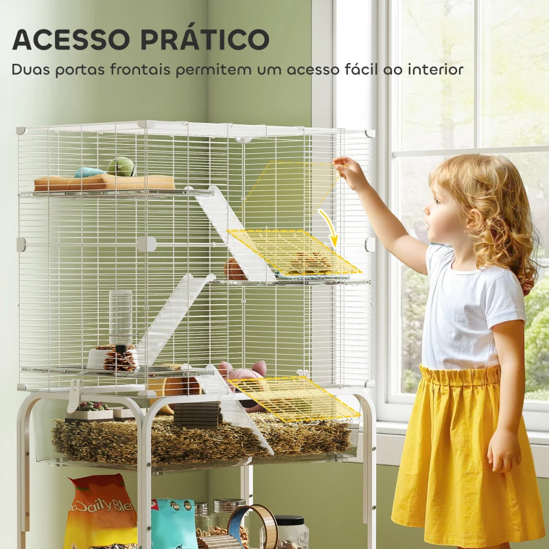 PawHut Gaiola para Pequenos Animais de 4 Níveis com Bandeja Inferior Rodas Rampas Comedouro e Bebedouro 73x47x123 cm Branco