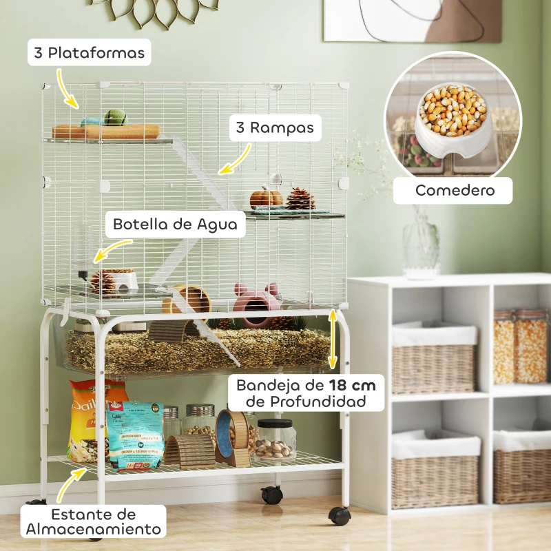 PawHut Jaula para Animales Pequeños de 4 Niveles con Ruedas Bandeja Profunda Rampas Plataformas y Comedero 73x47x123 cm Blanco