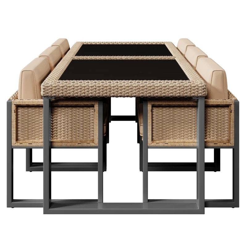 Rattan-Tisch- und Stuhlset, 1 Tisch, 6 Stühle, Tischplatte aus gehärtetem Glas, Braun+Schwarz