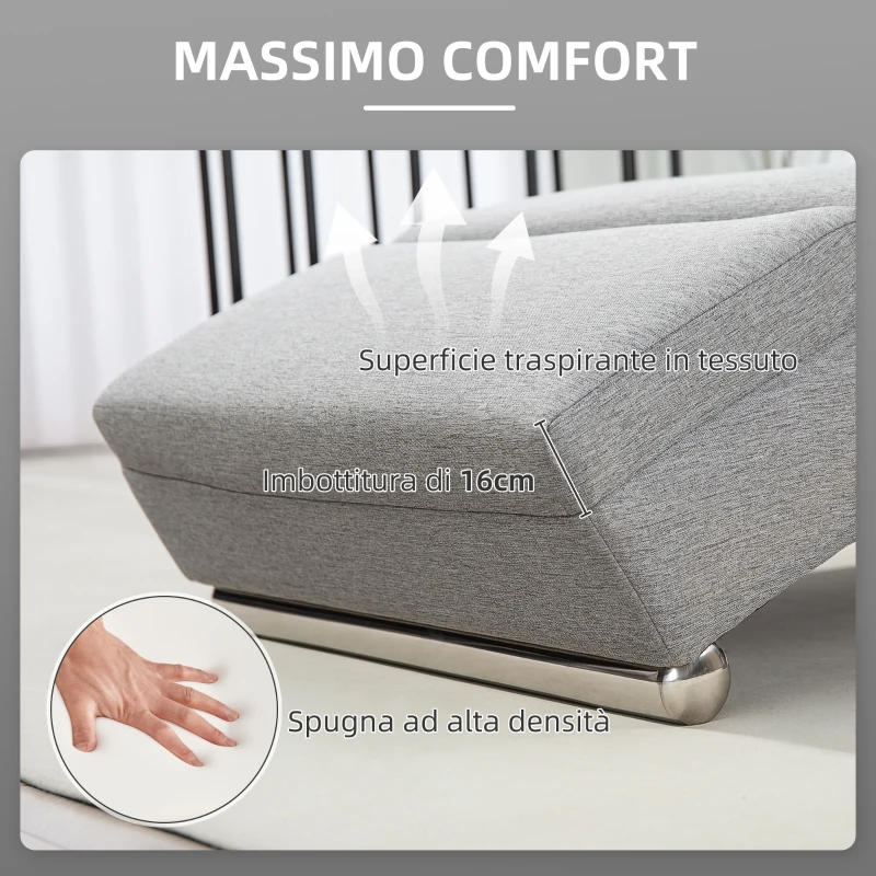 HOMCOM Chaise Longue Reclinabile con Schienale Alto, Imbottitura Spessa e Gambe in Metallo, Grigio Chiaro