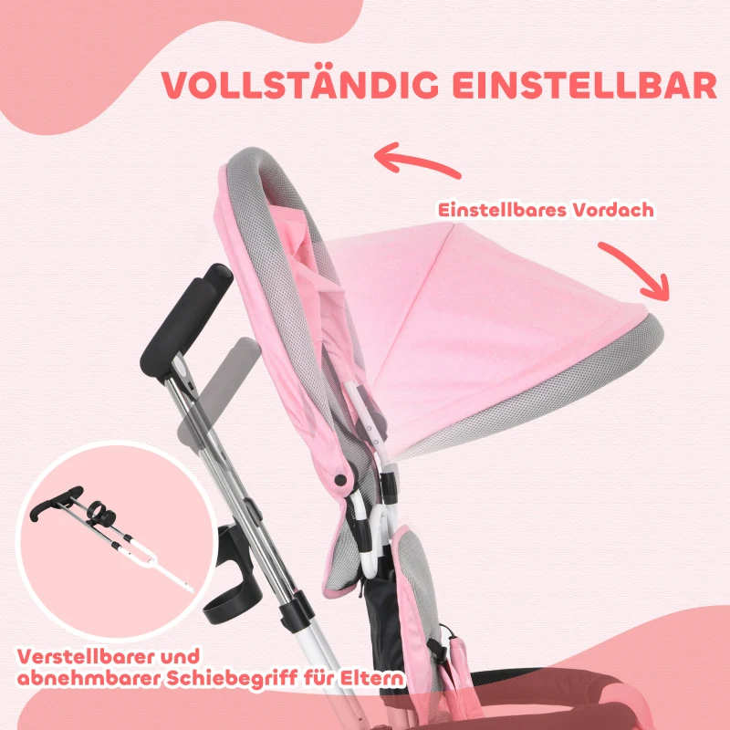 HOMCOM 6-in-1 Kinderrdriewieler met Duwstang, Zonnedak, Gordel, Mandje, voor 1-5 Jaar, Roze