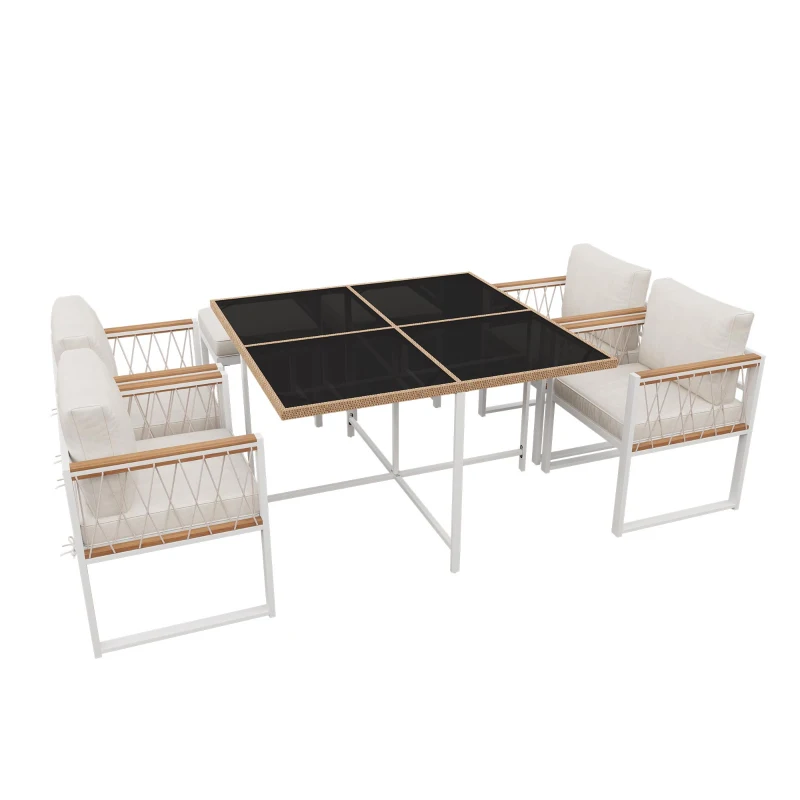 Set da pranzo da esterno a 7 pezzi con tavolo in vetro temperato, intreccio in rattan, cuscini, per 6 persone, Nero e Bianco