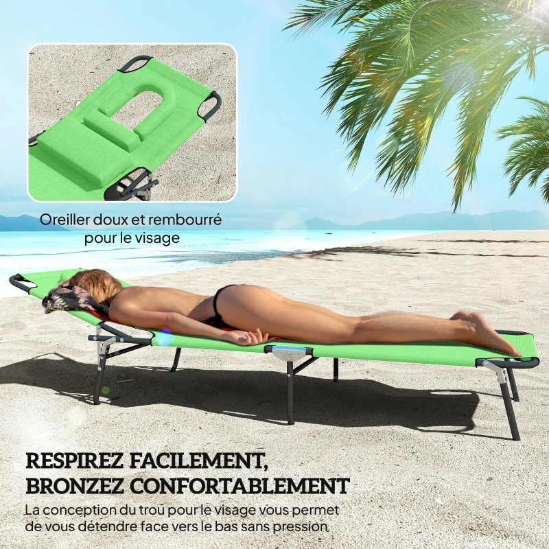 Outsunny Bain de Soleil Pliable transat inclinable 4 Positions Chaise Longue 3 Coussins fournis Vert