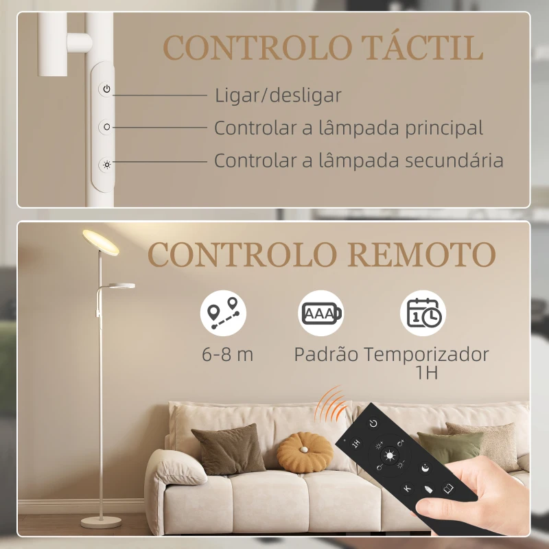 HOMCOM Candeeiro de Pé 42W Giratório com Controlo Remoto e Táctil Temperatura de Cor e Brilho Ajustáveis Ø25x175 cm Branco