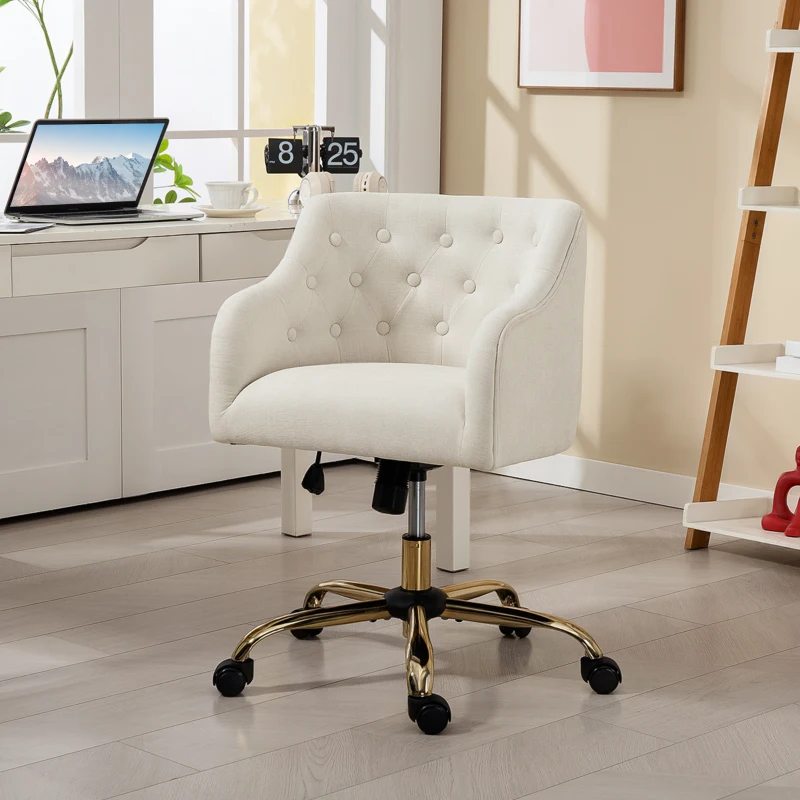 HOMCOM Gepolsterter Bürostuhl, Schreibtischstuhl in Leinenoptik, goldfarbene Beine, höhenverstellbar, Beige(m-2)