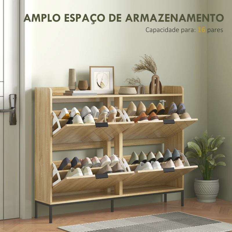 HOMCOM Sapateira Estreita com 4 Portas Sapateira para Entrada com Prateleiras Ajustáveis para 16 Pares de Sapatos 120x23,5x95,5 cm Madeira